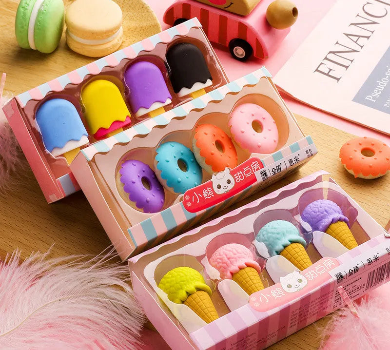 Children's cartoon eraser gift set with ice cream, doughnut, and lollipop designs for kindergarten students