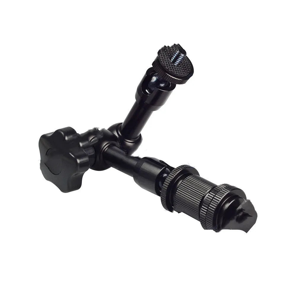 Black all-metal 7-inch articulating arm with hot shoe and camera mounts for DSLR accessories