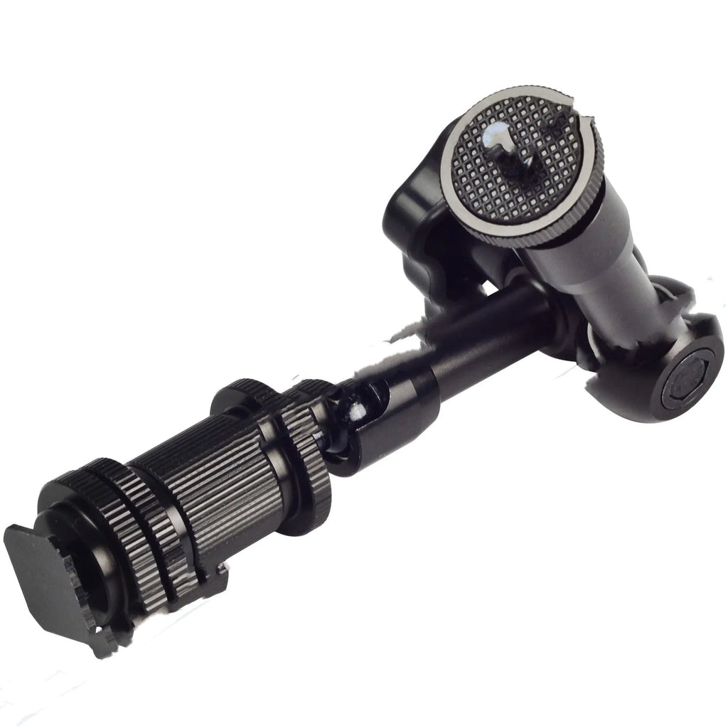 Black all-metal 7-inch articulating arm with hot shoe and camera mounts for DSLR accessories