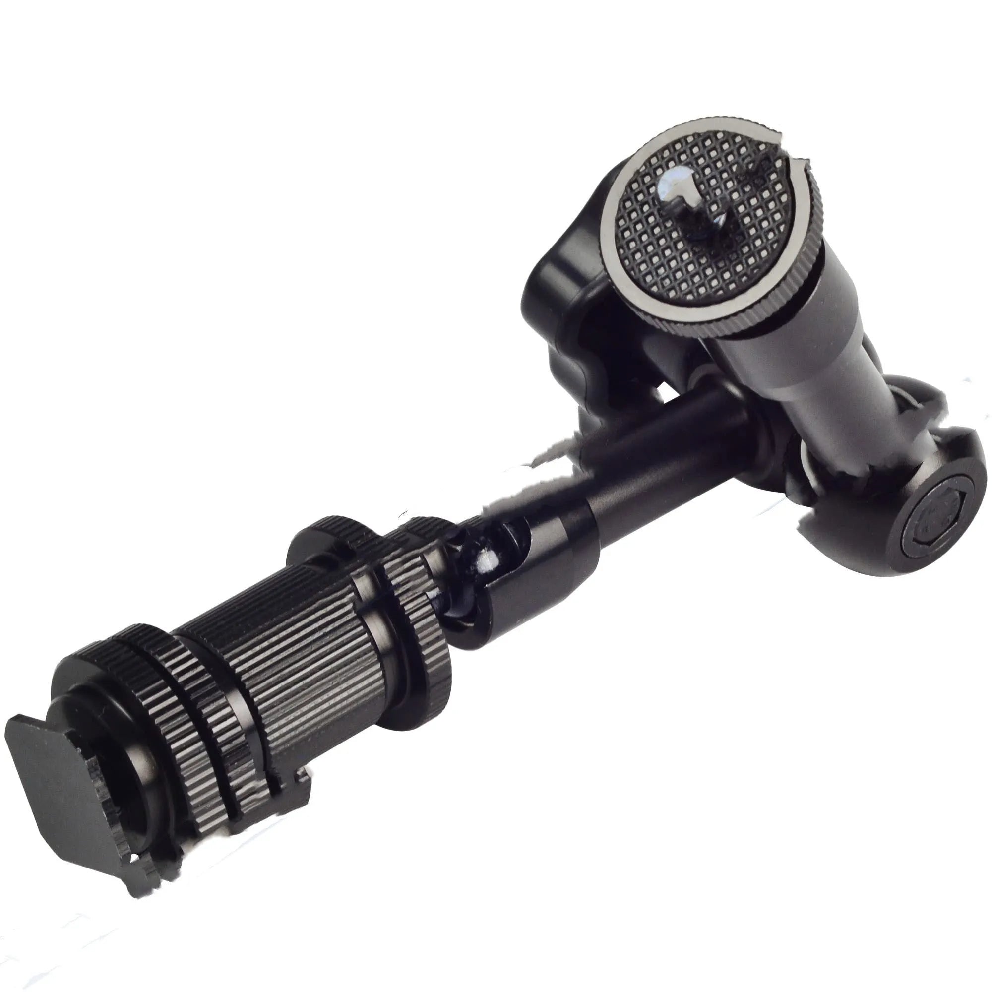 Black all-metal 7-inch articulating arm with hot shoe and camera mounts for DSLR accessories