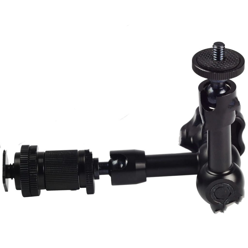 Black all-metal 7-inch articulating arm with hot shoe and camera mounts for DSLR accessories