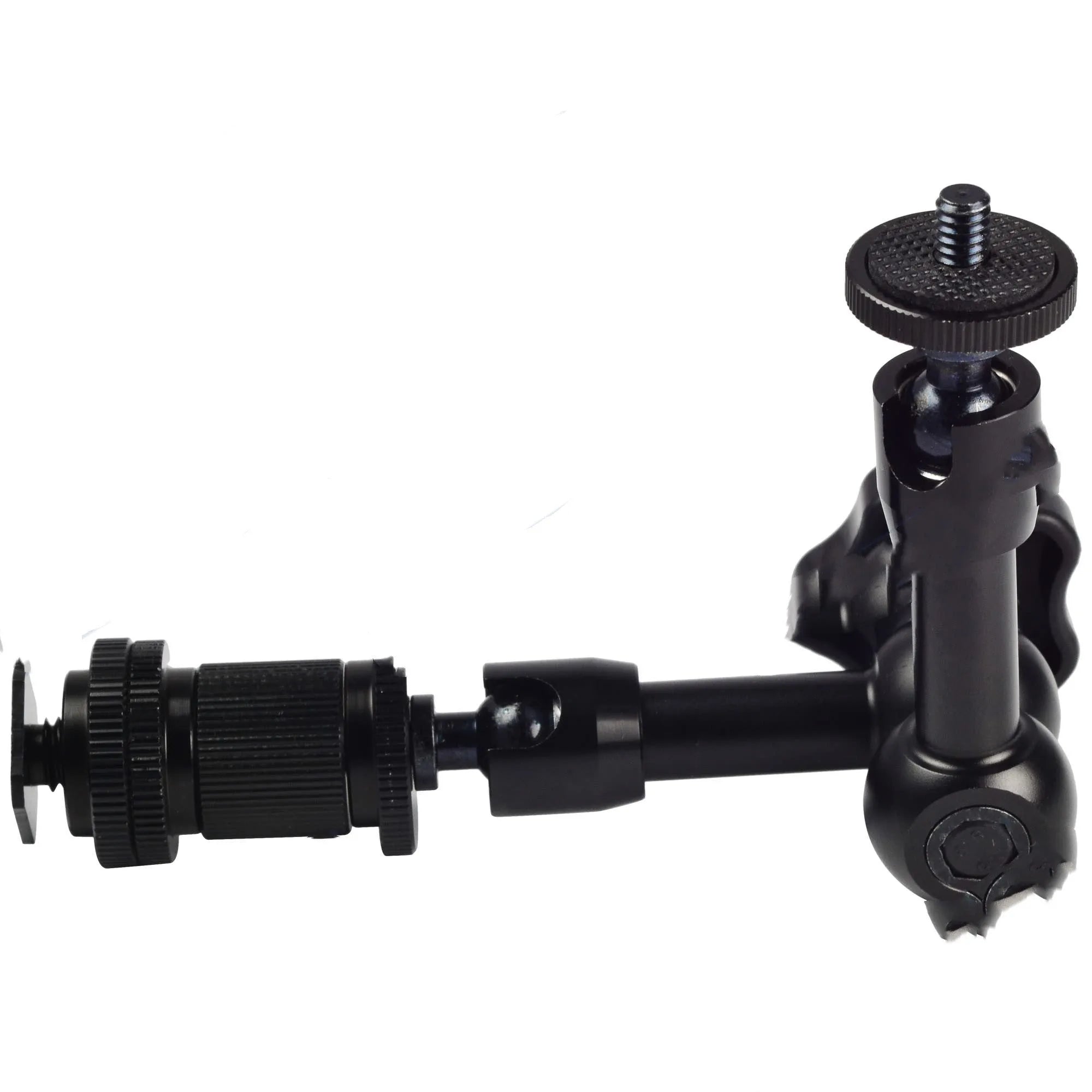 Black all-metal 7-inch articulating arm with hot shoe and camera mounts for DSLR accessories