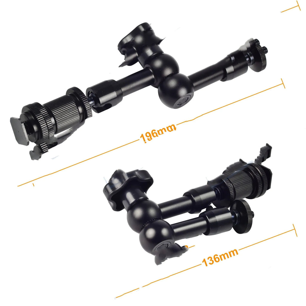 Black all-metal 7-inch articulating arm with hot shoe and camera mounts for DSLR accessories