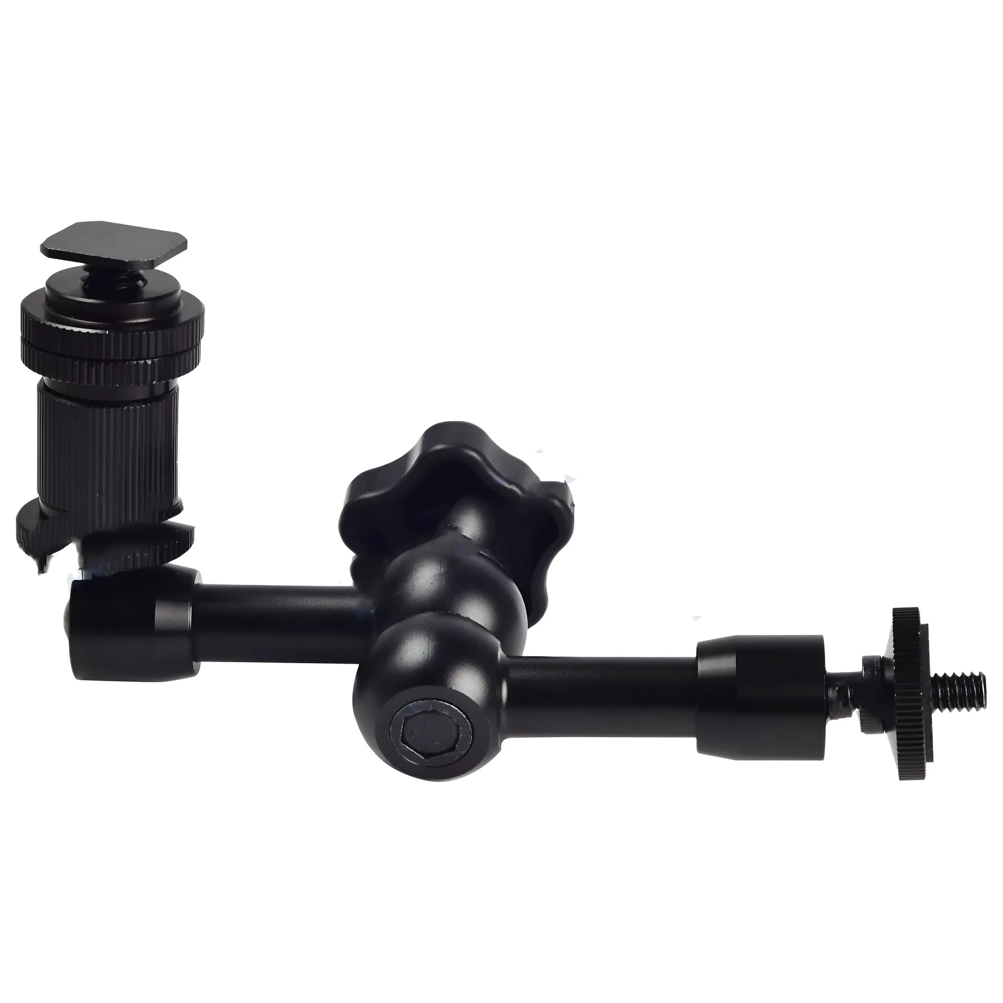 Black all-metal 7-inch articulating arm with hot shoe and camera mounts for DSLR accessories