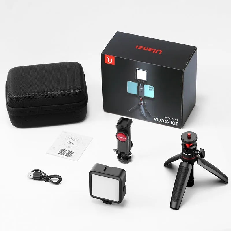 Combo 8 mobile phone vlog bracket set with integrated fill light and a separate phone stand.