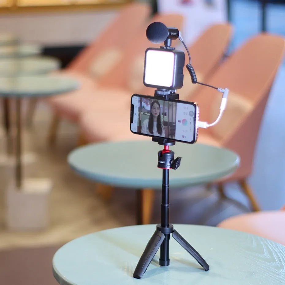 Combo 8 mobile phone vlog bracket set with integrated fill light and a separate phone stand.