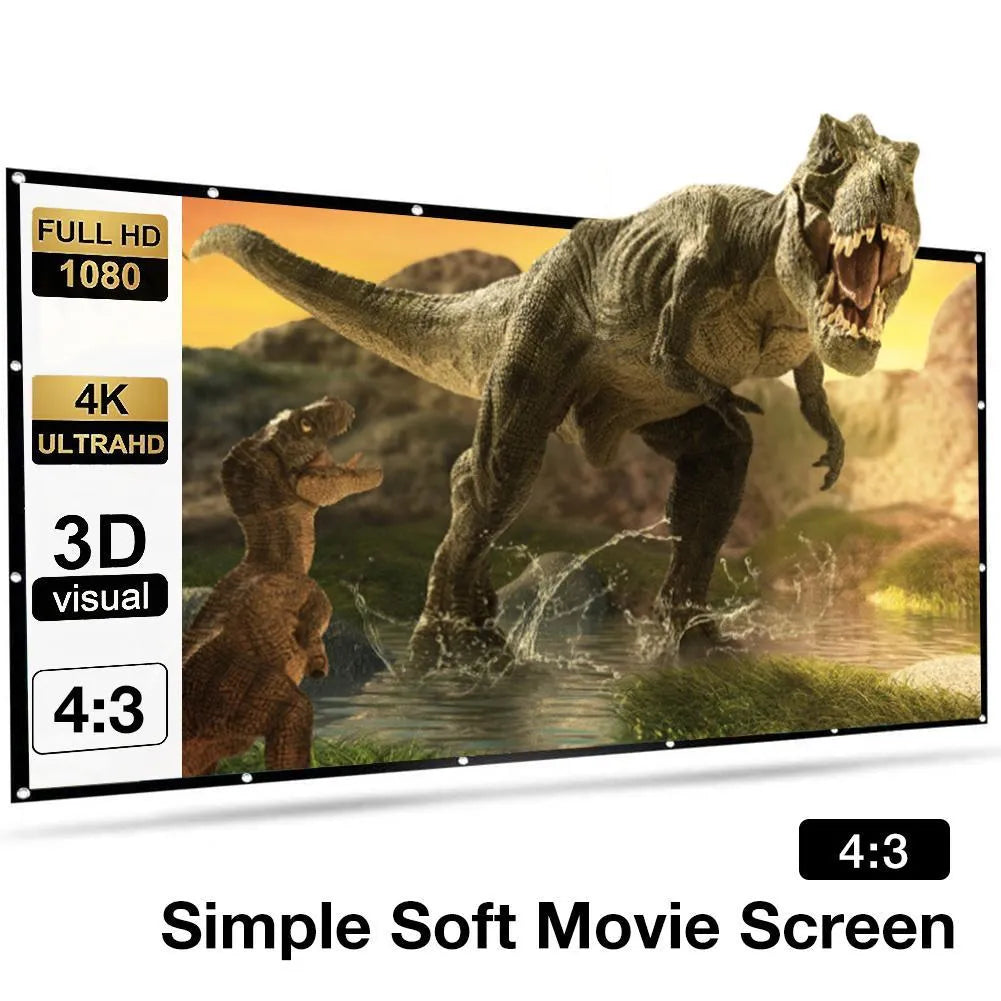 White folding portable projector screen showing 150-inch 4:3 format.