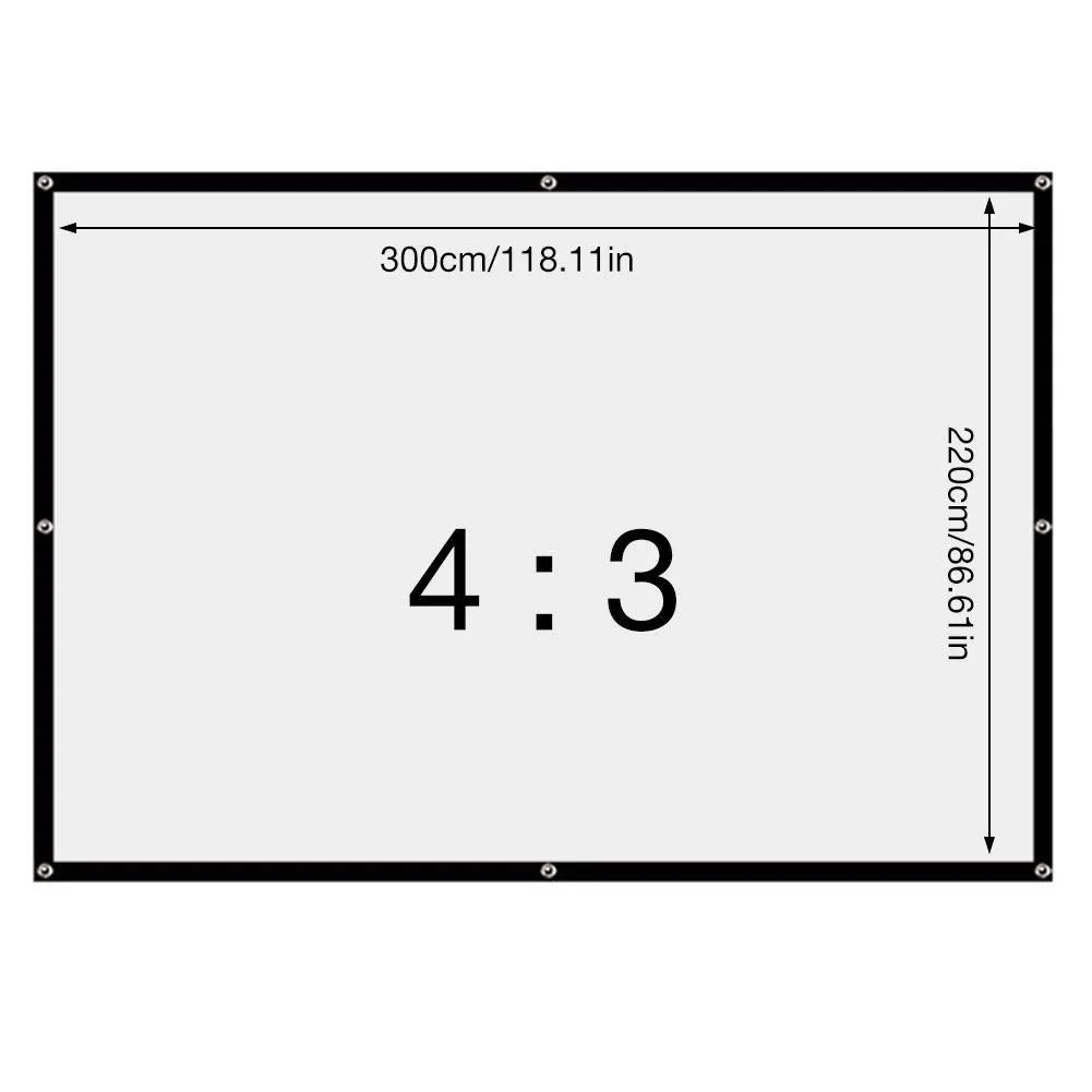 White folding portable projector screen showing 150-inch 4:3 format.
