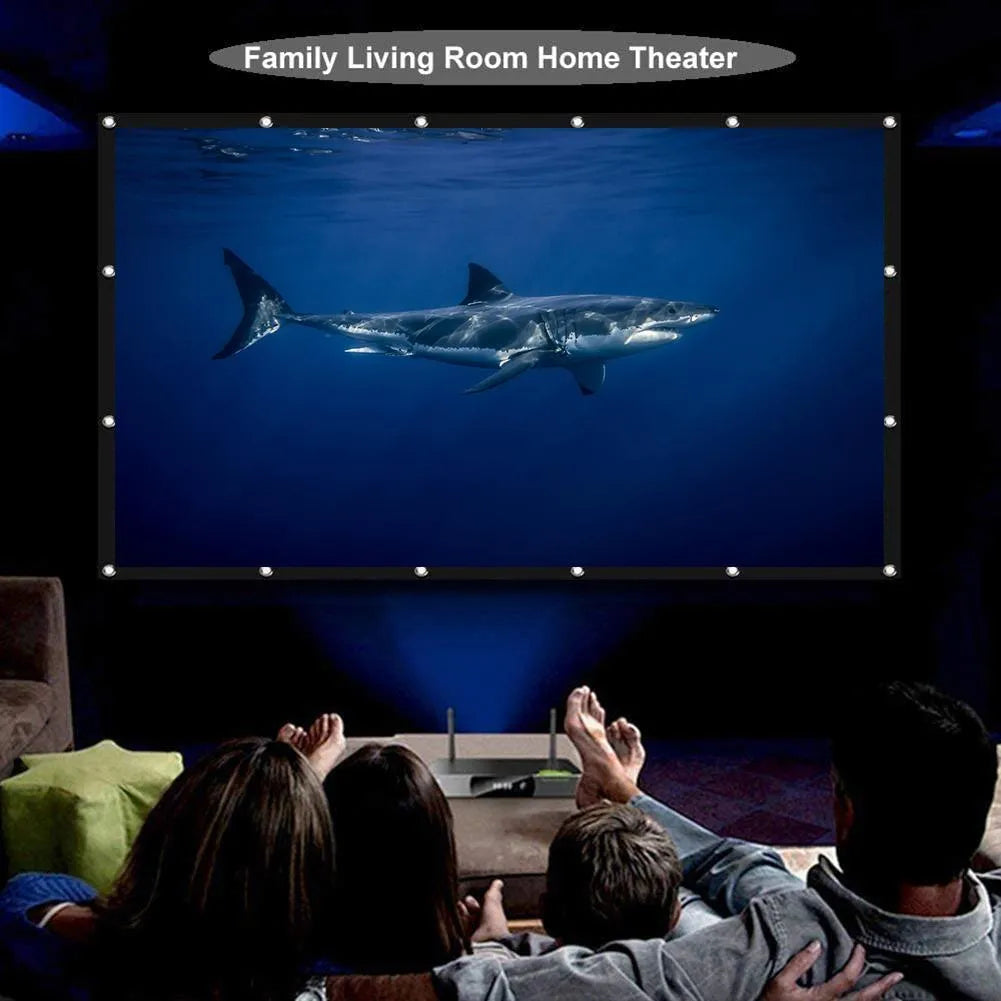 White folding portable projector screen showing 150-inch 4:3 format.