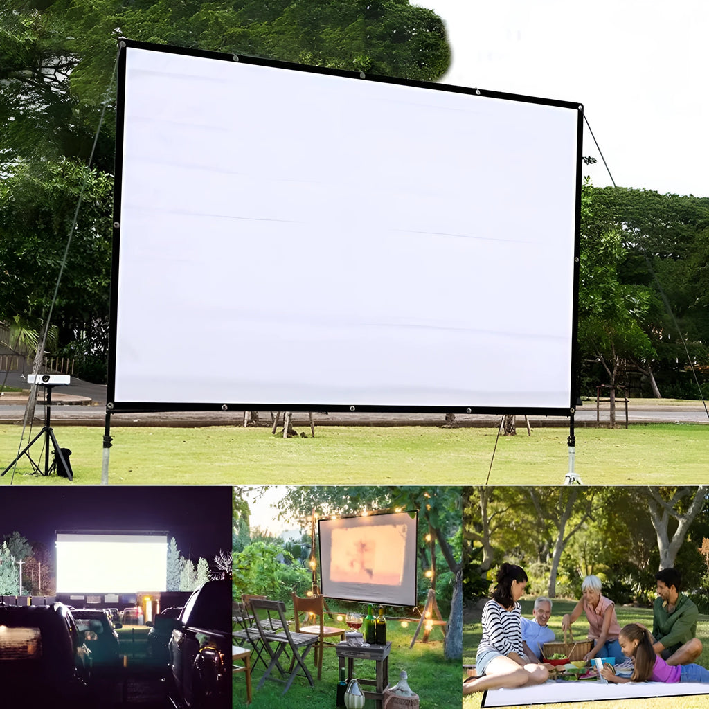White folding portable projector screen showing 150-inch 4:3 format.