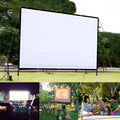White folding portable projector screen showing 150-inch 4:3 format.