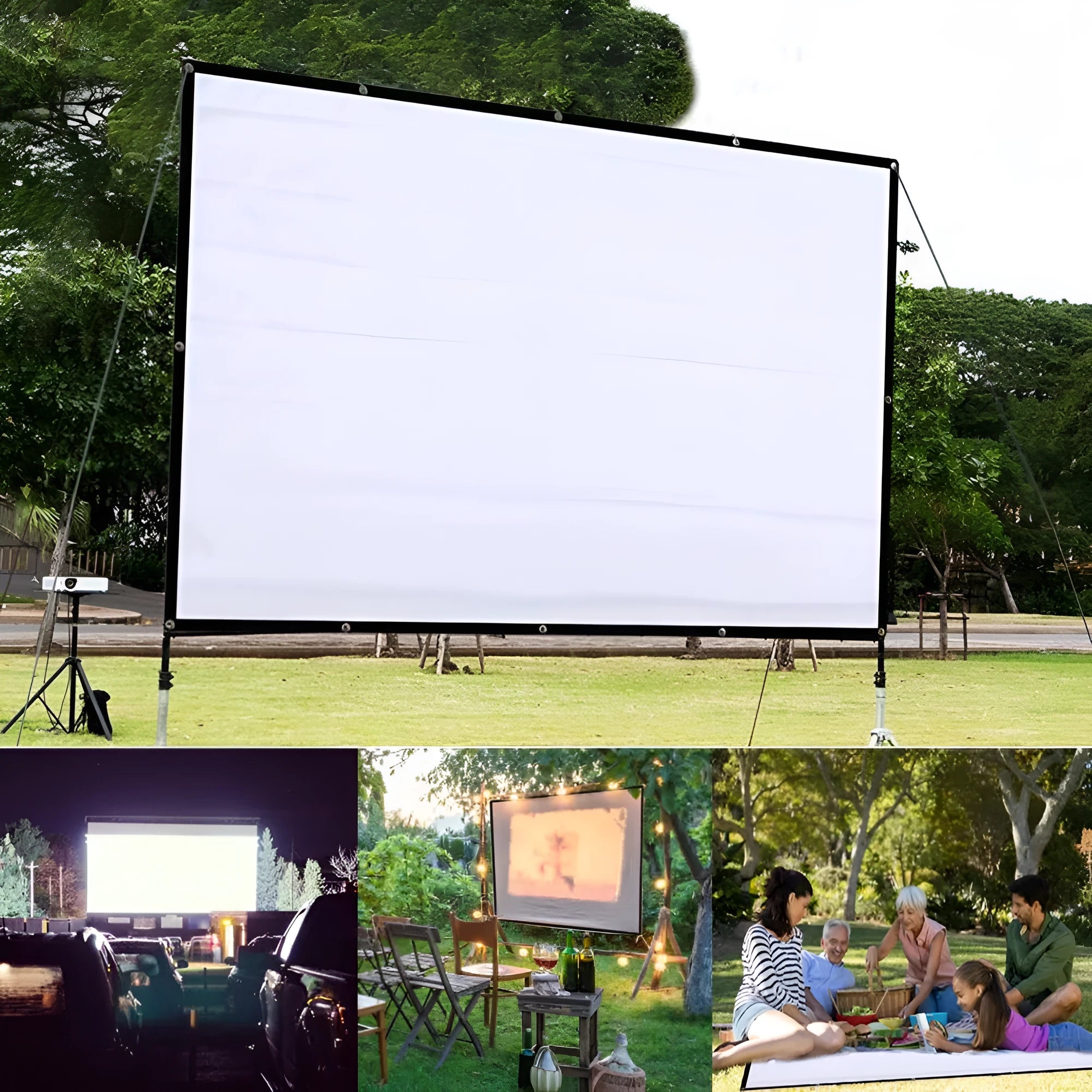 White folding portable projector screen showing 150-inch 4:3 format.