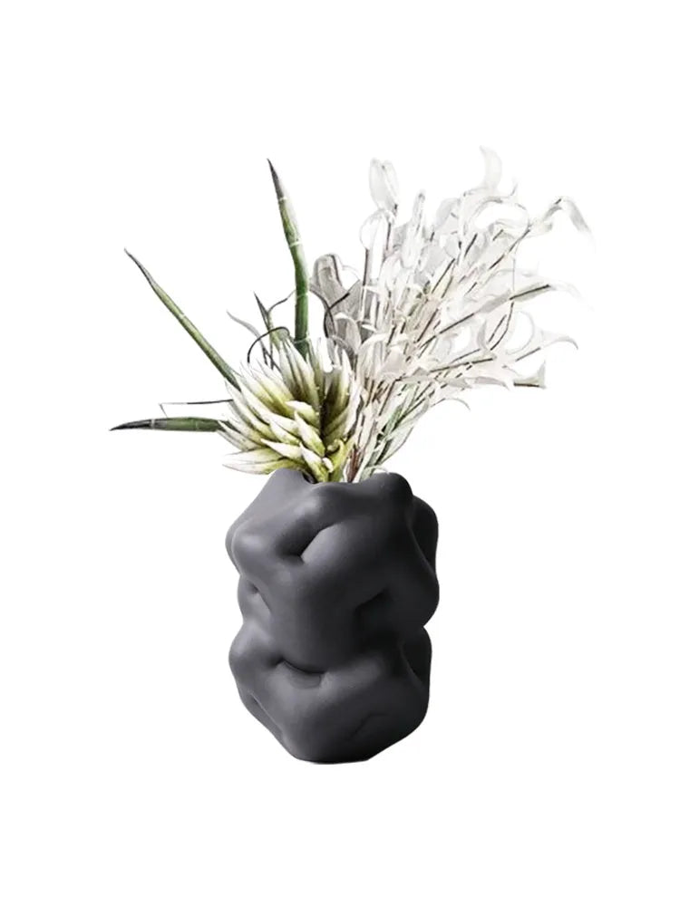 Ceramic flower vase with irregular concave-convex surface, white or black, 26cm by 25cm by 34cm, for living room desktop study