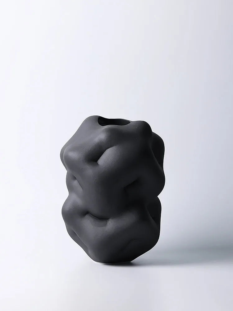 Ceramic flower vase with irregular concave-convex surface, white or black, 26cm by 25cm by 34cm, for living room desktop study