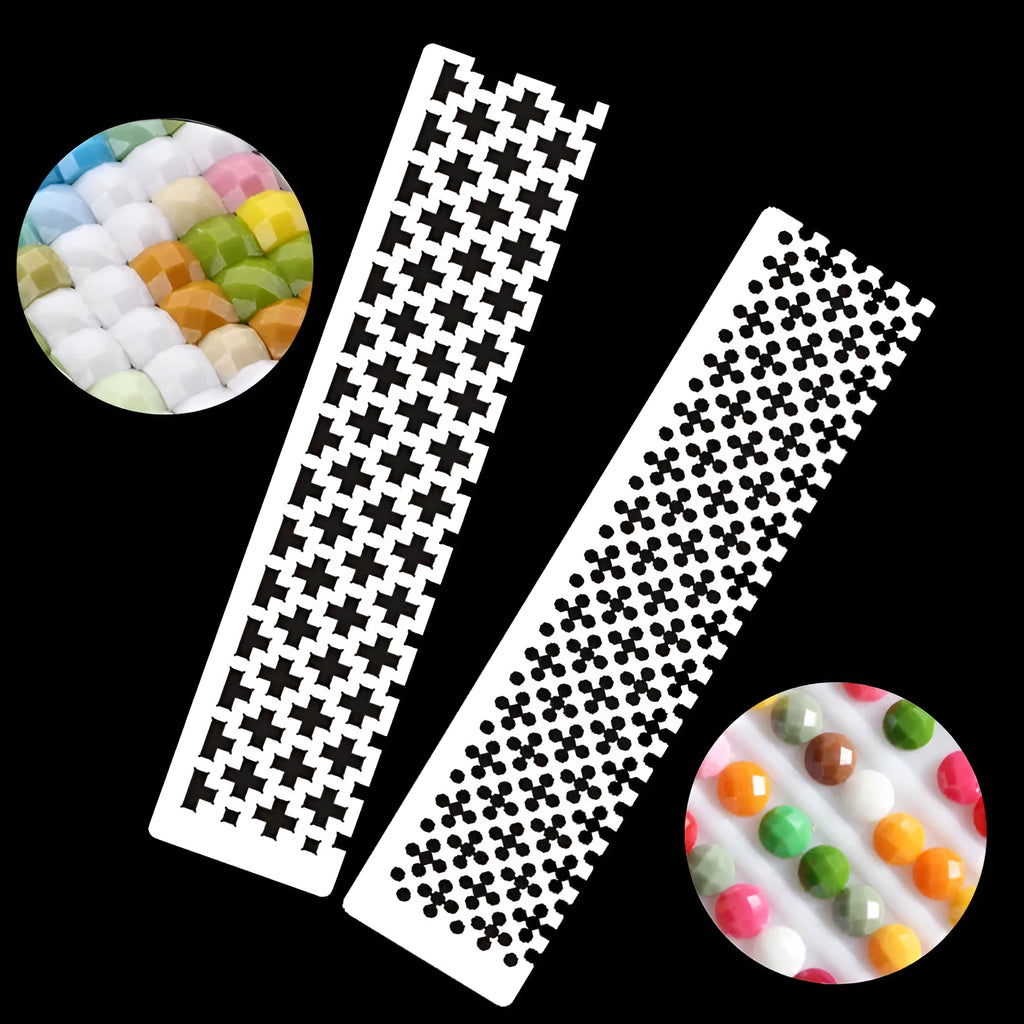 Stainless steel diamond painting grid ruler showing square and round drill alignment grids.