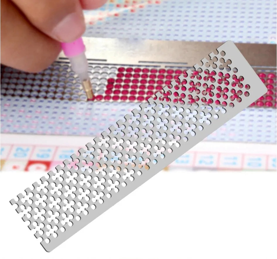 Stainless steel diamond painting grid ruler showing square and round drill alignment grids.