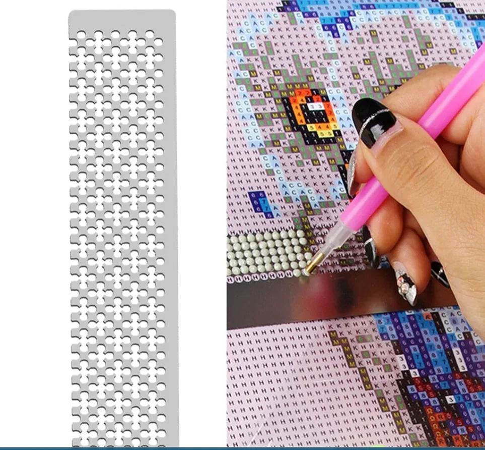 Stainless steel diamond painting grid ruler showing square and round drill alignment grids.