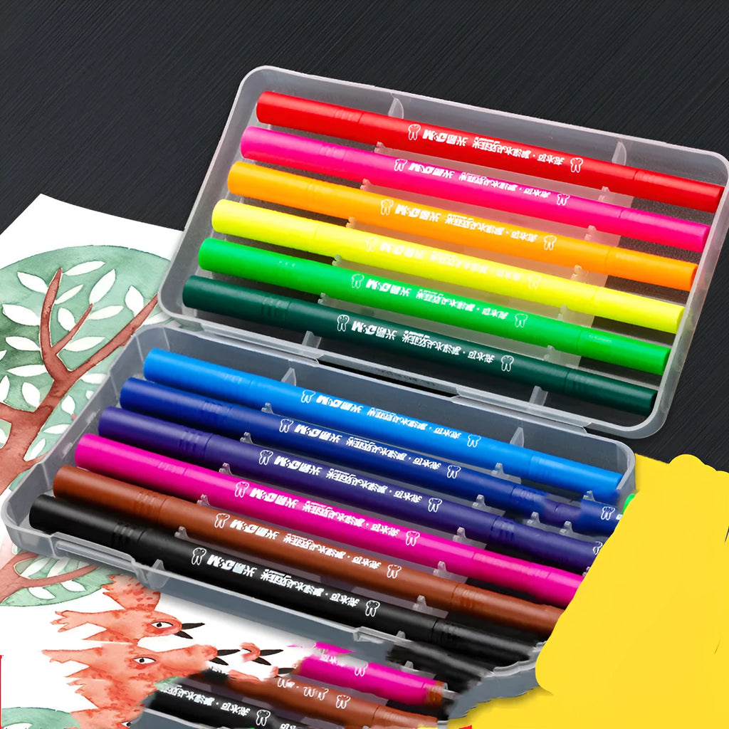 Double head soft tip watercolour pen set with 12 to 48 colours, showing brush nib and fine point, with picture book and hook line pen