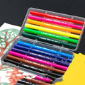 Double head soft tip watercolour pen set with 12 to 48 colours, showing brush nib and fine point, with picture book and hook line pen