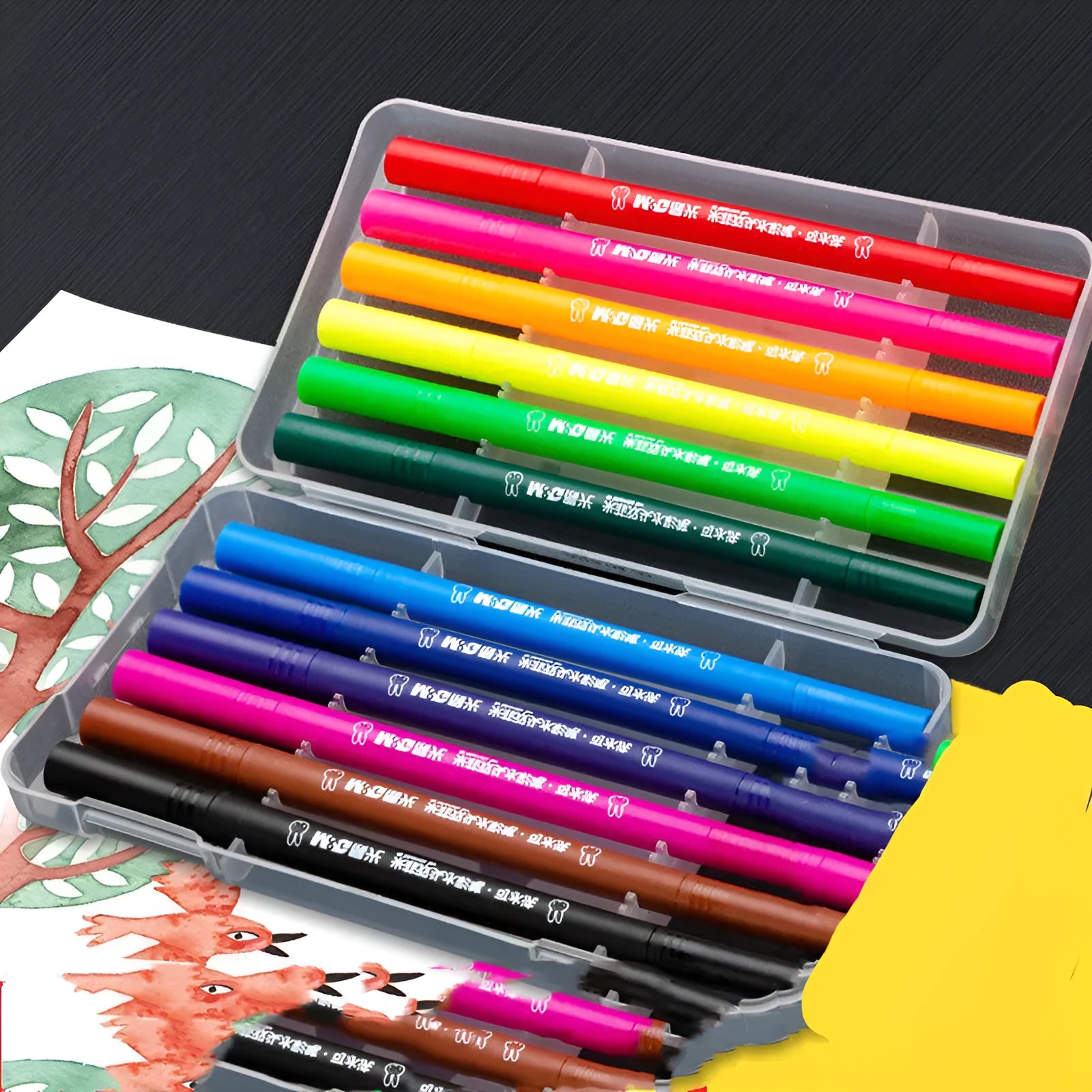 Double head soft tip watercolour pen set with 12 to 48 colours, showing brush nib and fine point, with picture book and hook line pen