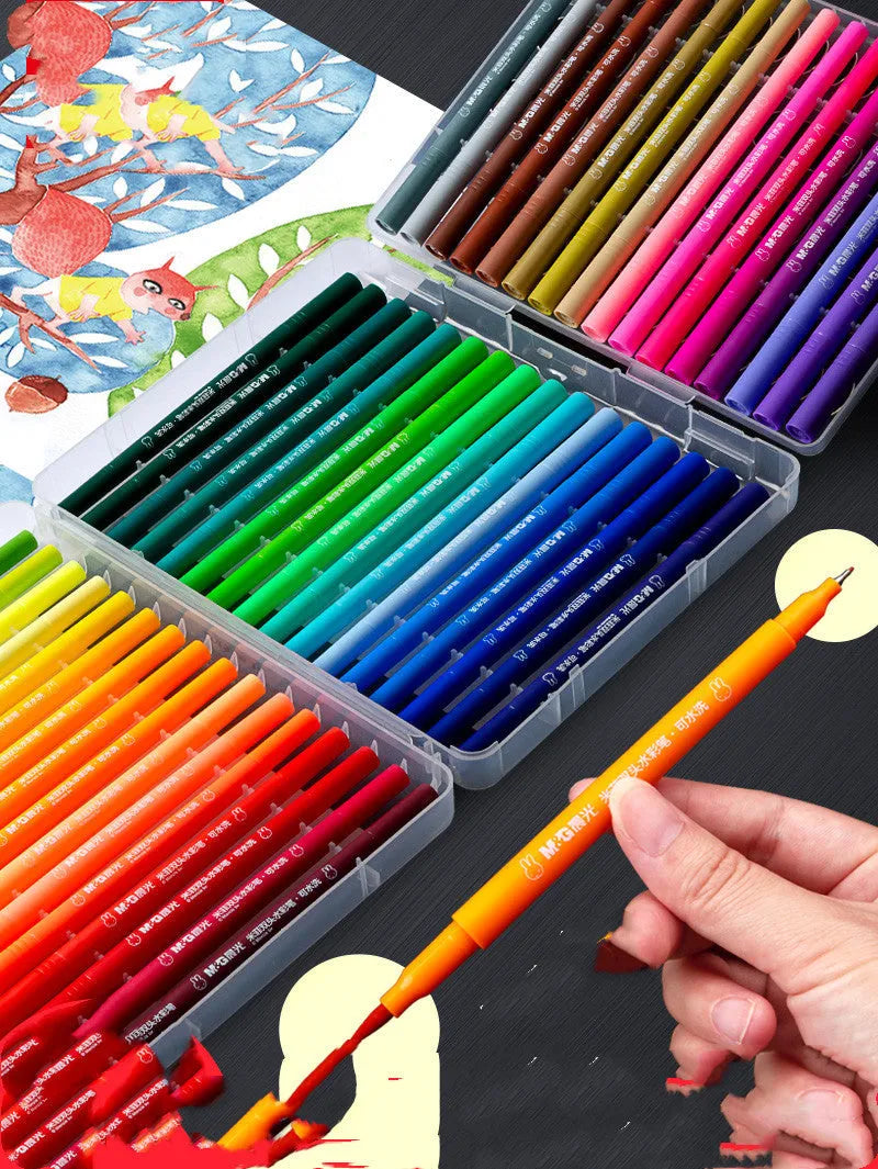 Double head soft tip watercolour pen set with 12 to 48 colours, showing brush nib and fine point, with picture book and hook line pen