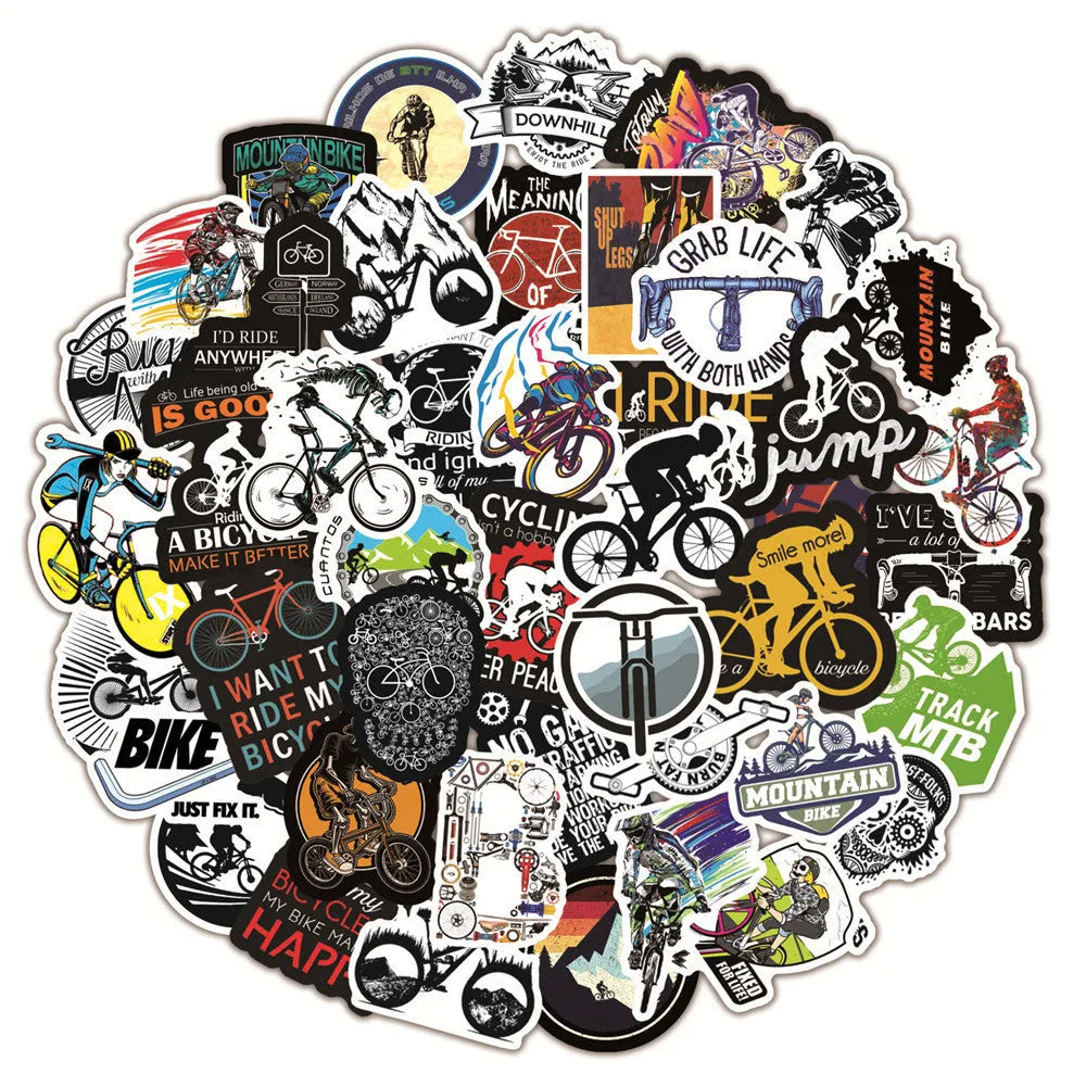 50-piece bicycle and mountain bike sticker sheet with doodle designs for equipment customisation