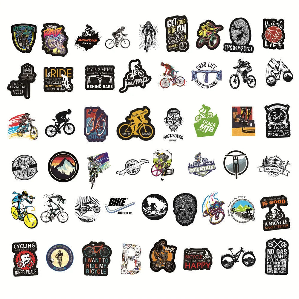 50-piece bicycle and mountain bike sticker sheet with doodle designs for equipment customisation