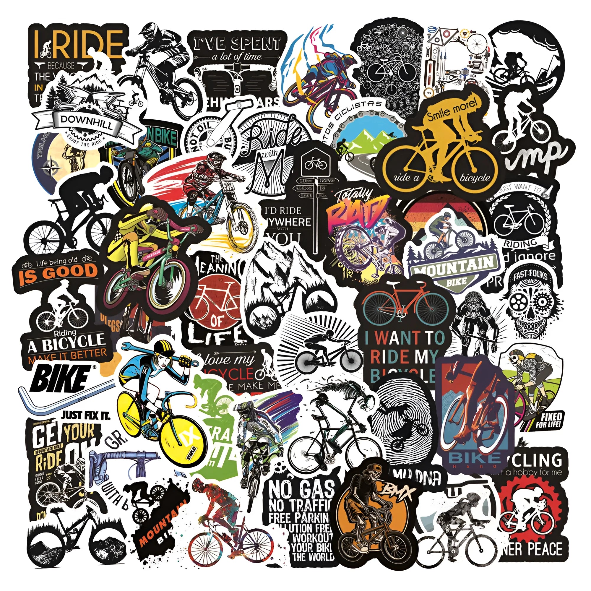 50-piece bicycle and mountain bike sticker sheet with doodle designs for equipment customisation
