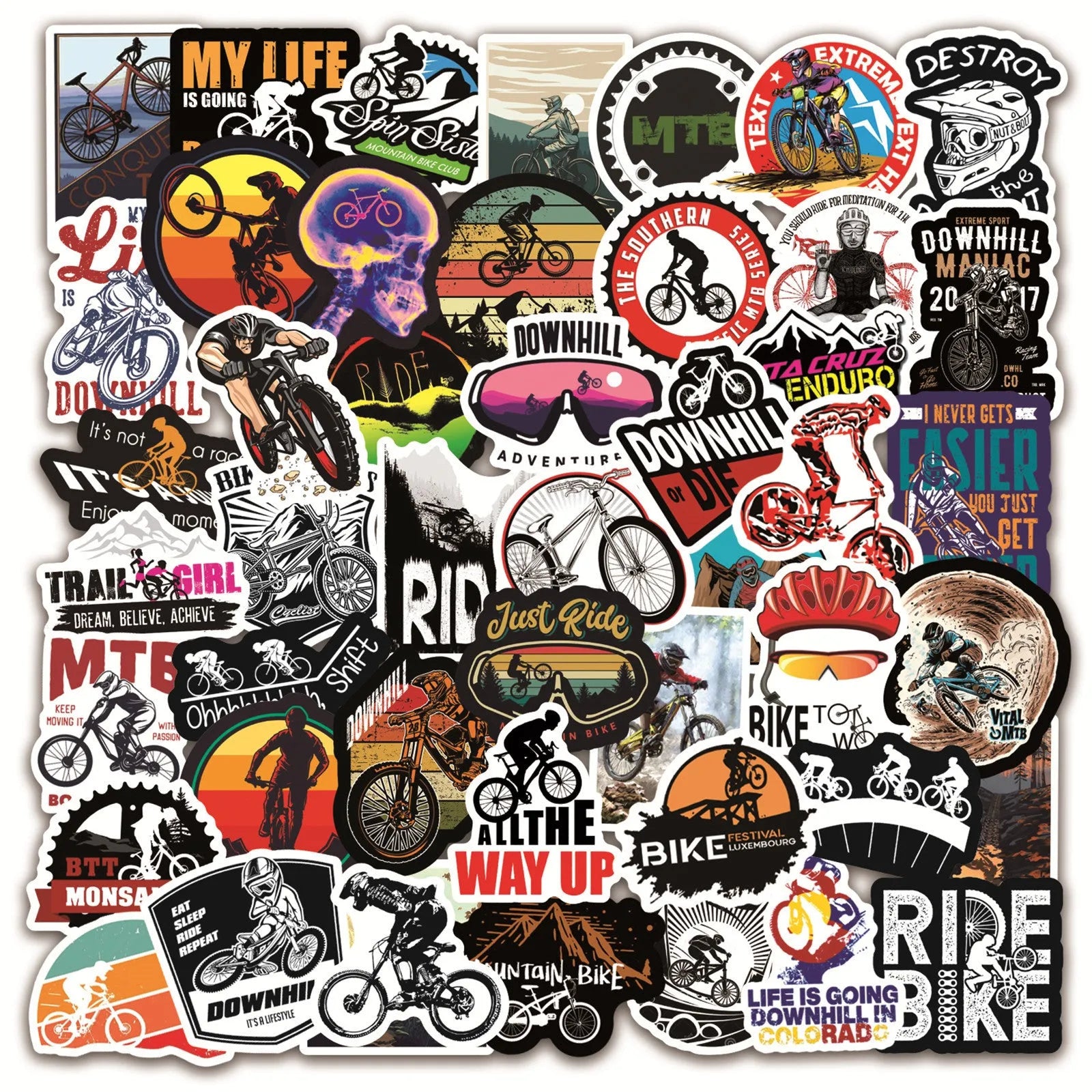 50-piece bicycle and mountain bike sticker sheet with doodle designs for equipment customisation
