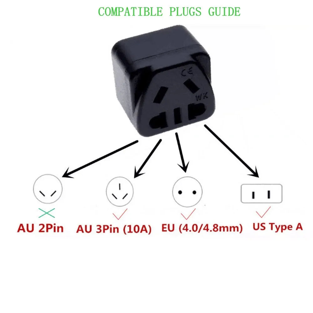 Square three plug international power adapter in black or white with 110-250V 13A rating
