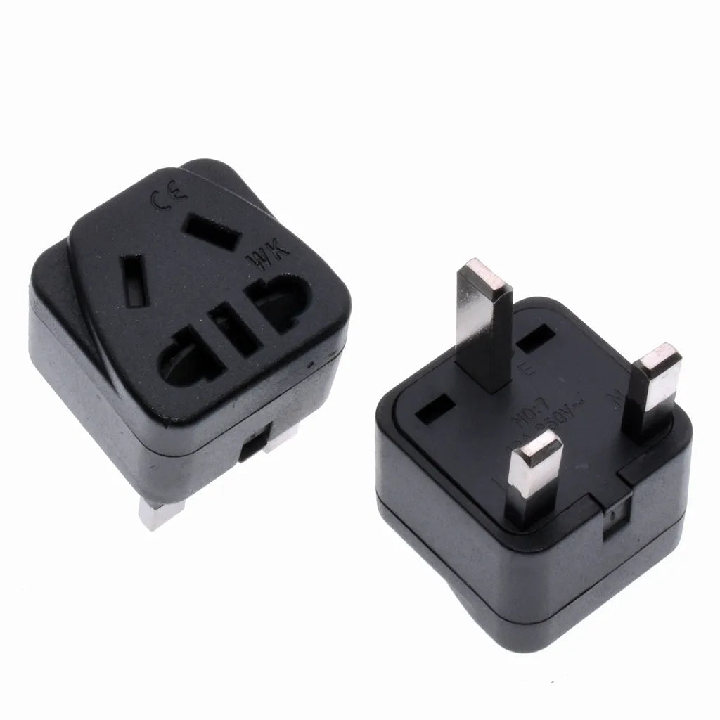 Square three plug international power adapter in black or white with 110-250V 13A rating