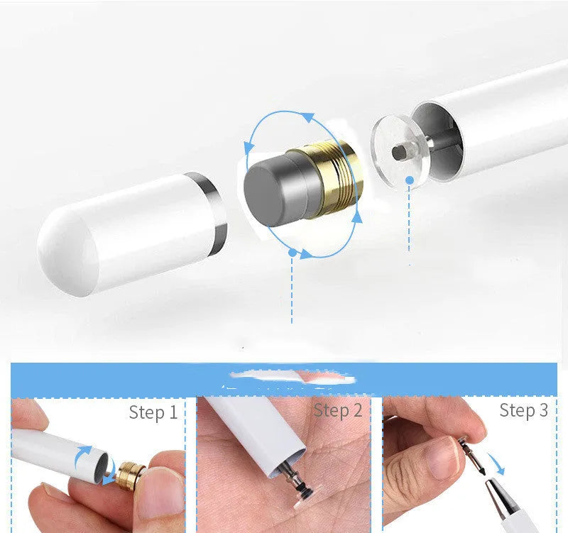 Touch capacitive stylus with transparent disc tip and magnetic suction cap in black white rose gold space grey colours