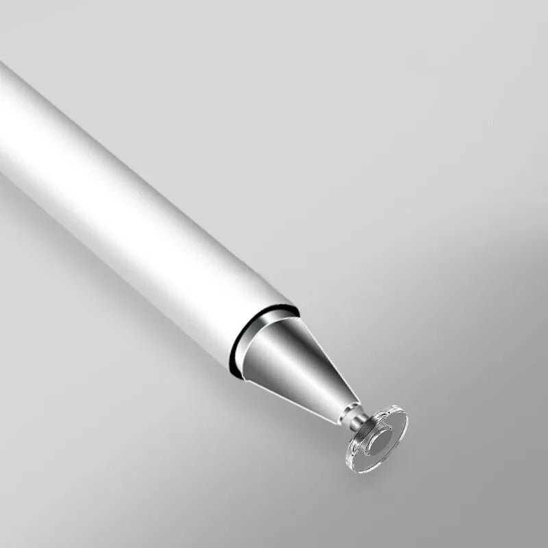 Touch capacitive stylus with transparent disc tip and magnetic suction cap in black white rose gold space grey colours