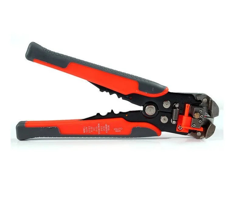 Yellow automatic wire stripper and crimping multitool with adjustment screw for electrical work