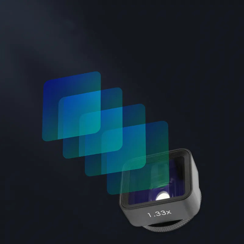 Black Sanyk 1.33x anamorphic widecreen lens for mobile phones on a dark background.