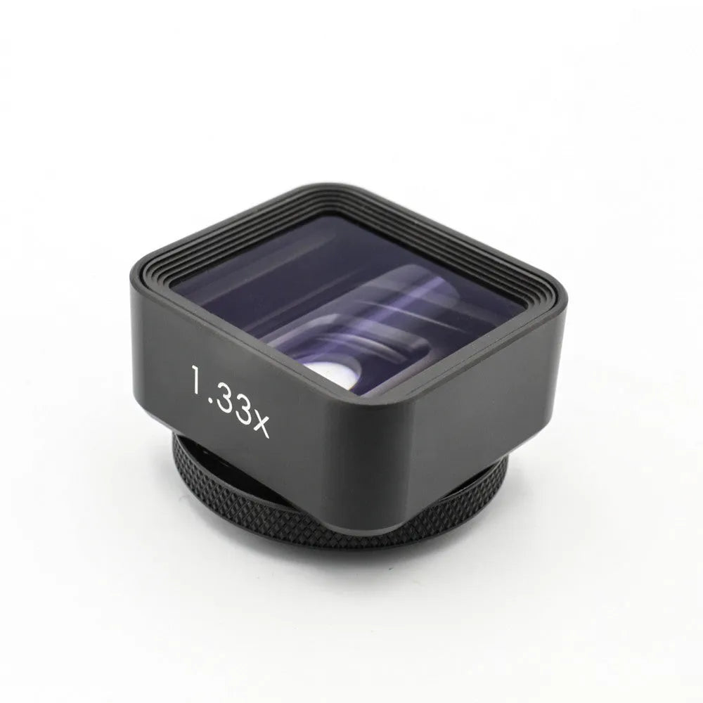 Black Sanyk 1.33x anamorphic widecreen lens for mobile phones on a dark background.