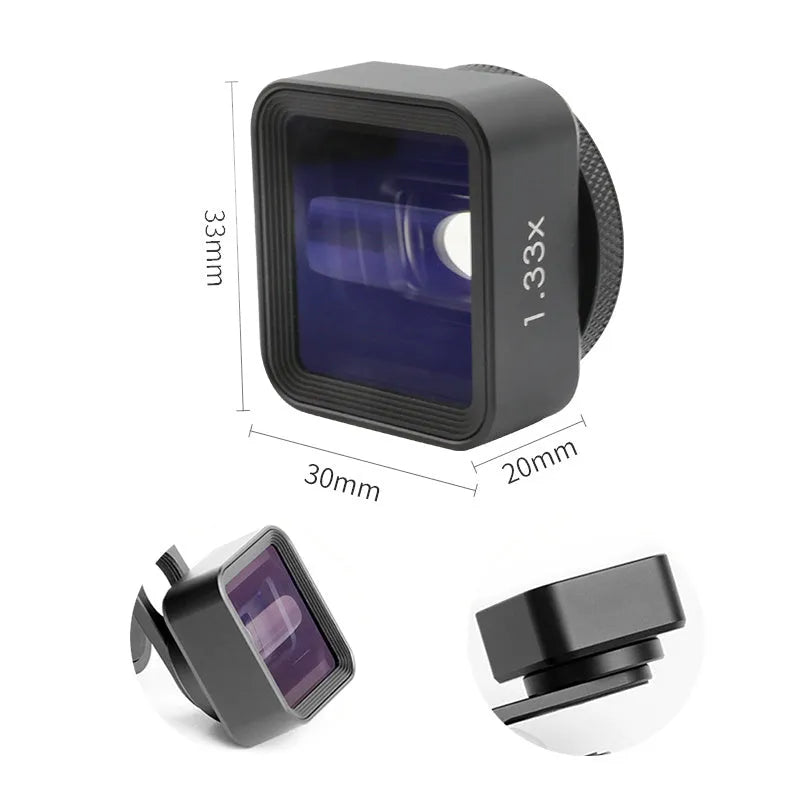 Black Sanyk 1.33x anamorphic widecreen lens for mobile phones on a dark background.