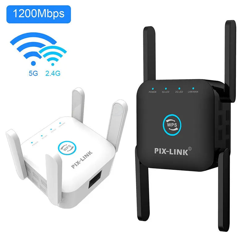 PIXLINK AC24 dual band wireless router in black or white with lightning protection