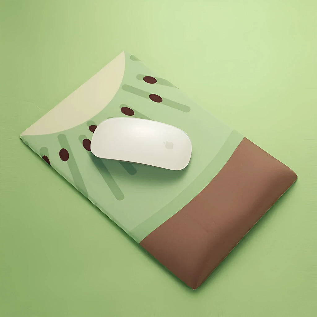 Cute green Kiwi character design on a grey mouse pad with thick wrist support.