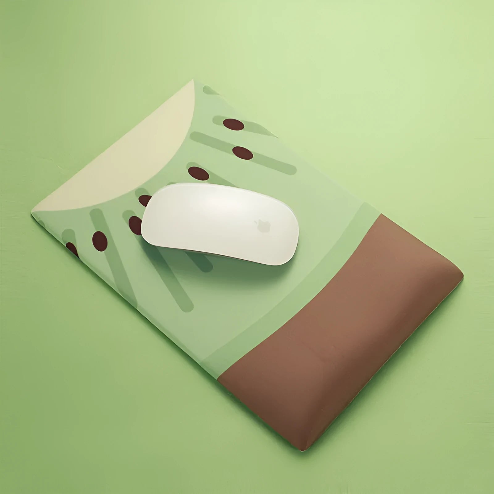 Cute green Kiwi character design on a grey mouse pad with thick wrist support.