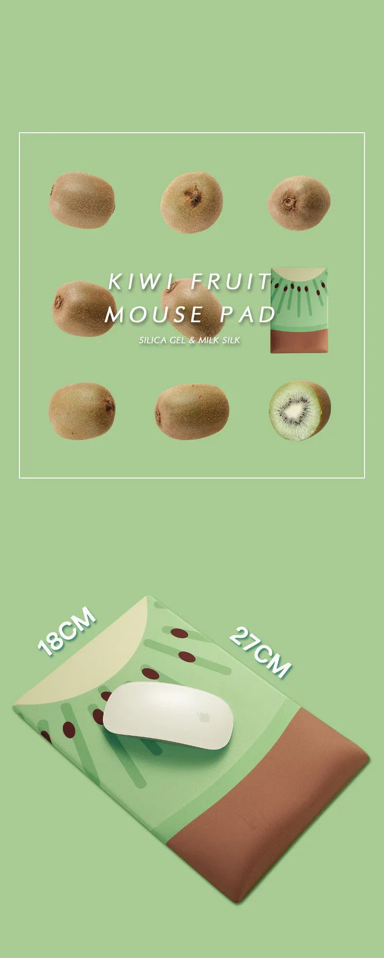 Cute green Kiwi character design on a grey mouse pad with thick wrist support.