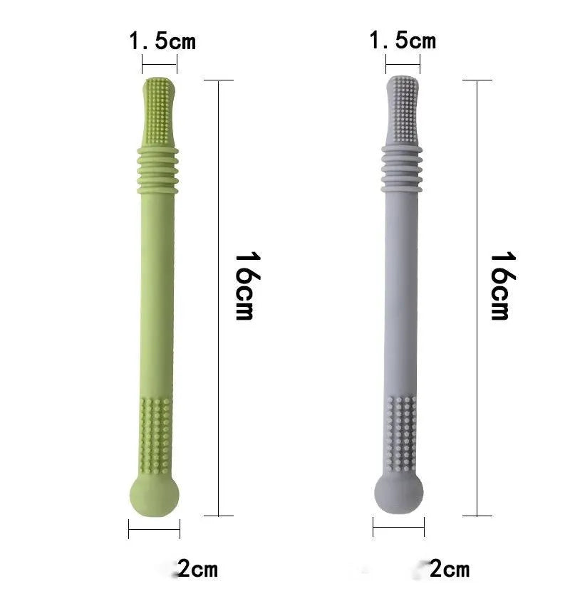 Silicone hollow baby teether tube in eight colours with cleaning brush for infants over 6 months