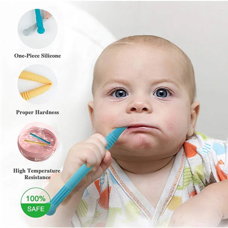 Silicone hollow baby teether tube in eight colours with cleaning brush for infants over 6 months