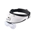 LED headband magnifier with five acrylic lenses and two lights on a black ABS plastic frame.