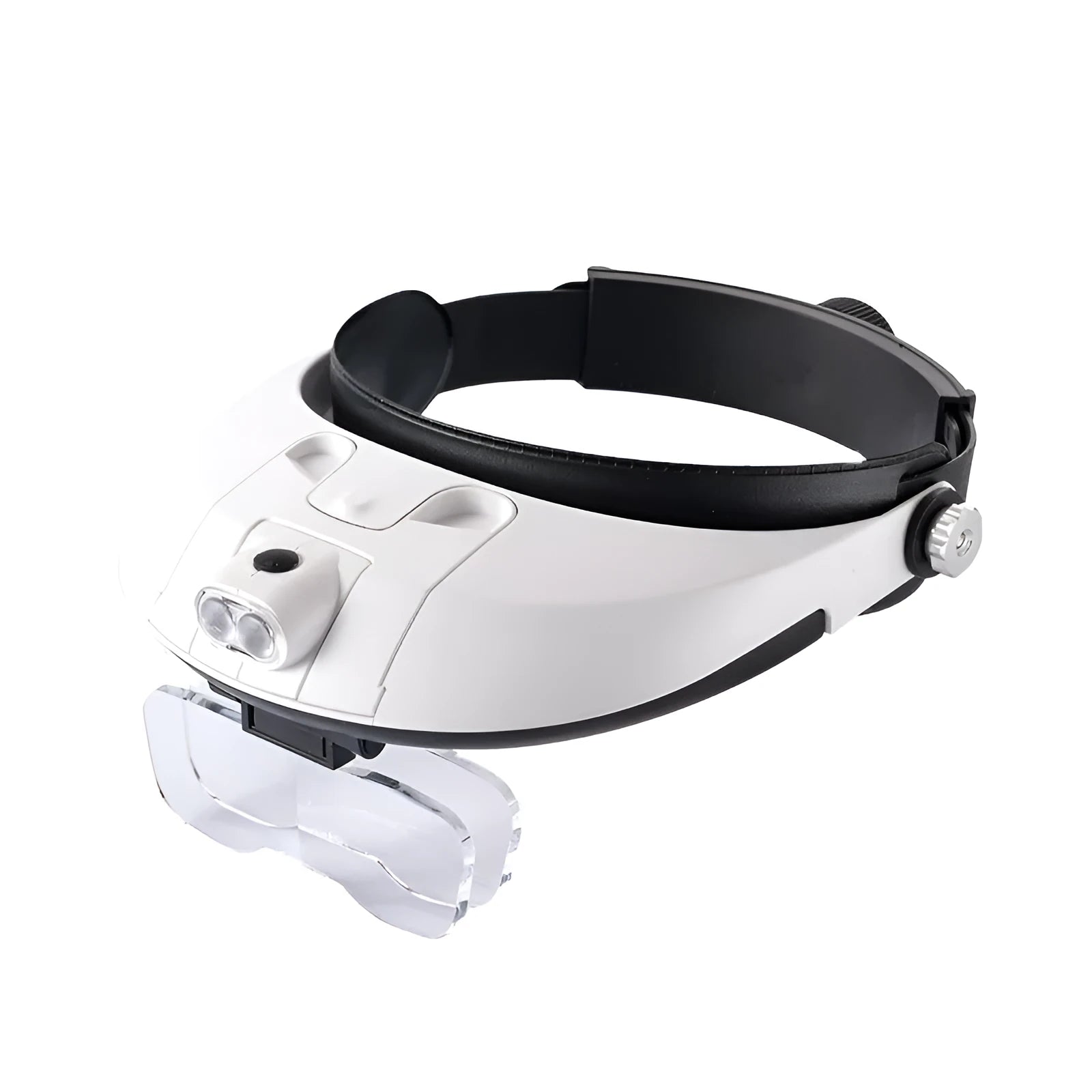 LED headband magnifier with five acrylic lenses and two lights on a black ABS plastic frame.