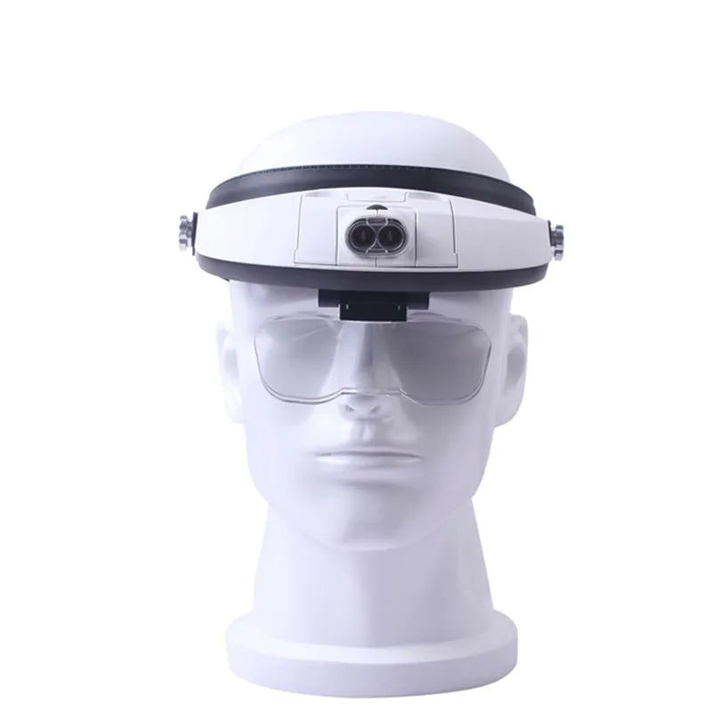 LED headband magnifier with five acrylic lenses and two lights on a black ABS plastic frame.