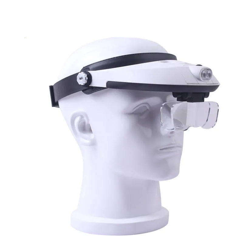 LED headband magnifier with five acrylic lenses and two lights on a black ABS plastic frame.