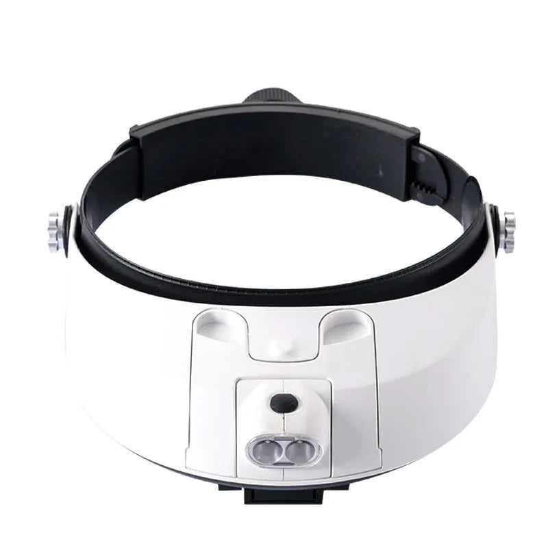 LED headband magnifier with five acrylic lenses and two lights on a black ABS plastic frame.