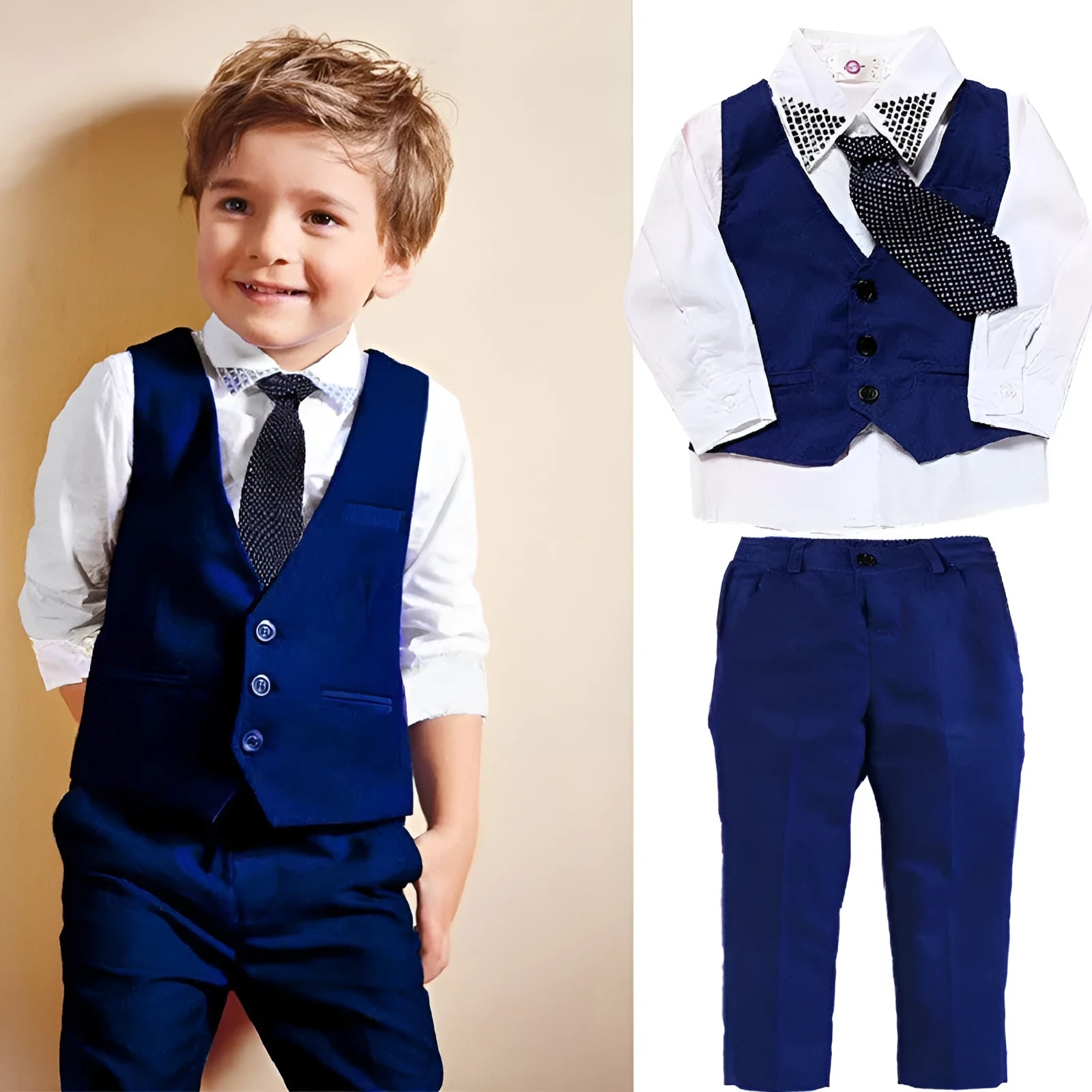 Blue boys' clothing suit set with vest, turtleneck, tie and trousers for toddlers
