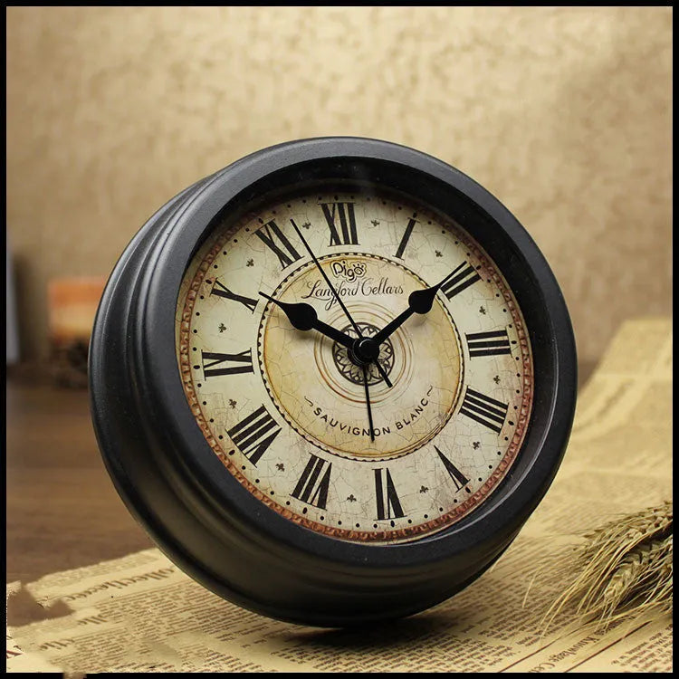 Round 6 inch retro European style desk clock with silent alarm on wooden surface